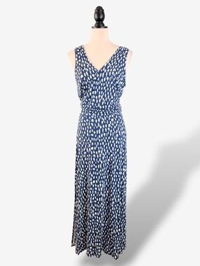 Three Dots Maxi Dress Size L Blue White Polka Dots Faux Wrap Side Slits Casual